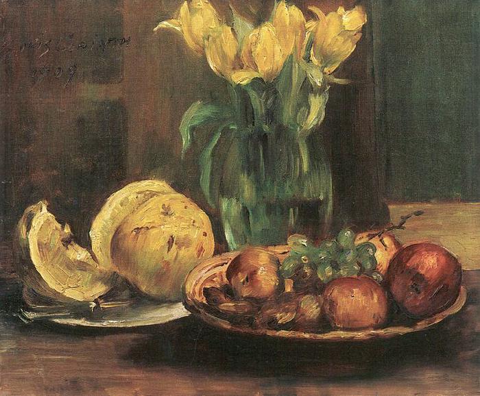 Lovis Corinth Stillleben mit gelben Tulpen, apfeln und Grapefruit oil painting picture